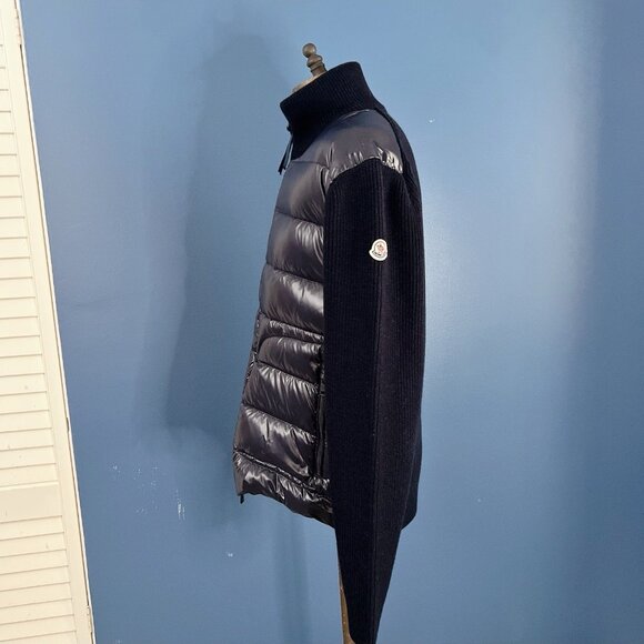Moncler MAGLIONE Tricot Wool Knit Quilted Down Cardigan Jacket Navy Women Large - Picture 7 of 10